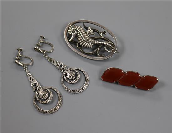 An Ivan Tarratt designed by Geoffrey G. Bellamy silver oval Seahorse brooch, a pair of marcasite drop earrings and one other brooch